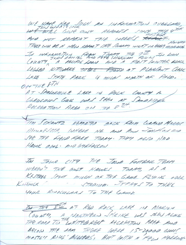 Email of Iowa Birdline updates for November 4-7, 1991. The highlights for the updates include sightings of a Common Ground-Dove, Black-legged Kittiwake at two locations, a Western Grebe and a very late Forster's Tern. Also included are handwritten notes with sightings of a Pacific Loon, Glaucous Gull and an American Kestrel.