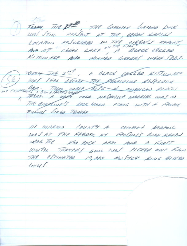 Email of Iowa Birdline updates for October 28, 1991. The highlights for the update include sightings of a Common Ground-Dove, Sabine's Gull, Red Phalarope and a Summer Tanager. Also included are handwritten notes with sightings of a Black-legged Kittiwake, Evening Grosbeak and Red-breasted Merganser.