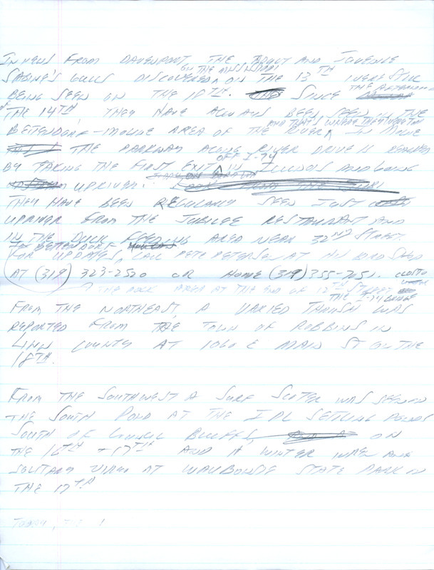 Email of Iowa Birdline updates for October 14, 1991. The highlights for the update include sightings of a Yellow-rumped Warbler, Blackpoll Warbler, Groove-billed Ani and an immature Northern Goshawk. Also included are handwritten notes with sightings of Sabine's Gulls, Varied Thrush and a female White-winged Scoter.