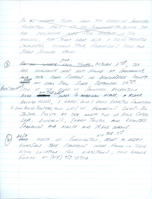 Email of Iowa Birdline updates for October 7, 1991. The highlights for the update include the sighting of a Groove-billed Ani. Also included are handwritten notes with sightings of Western Grebes, American White Pelicans, Chimney Swifts and six American Pipits.