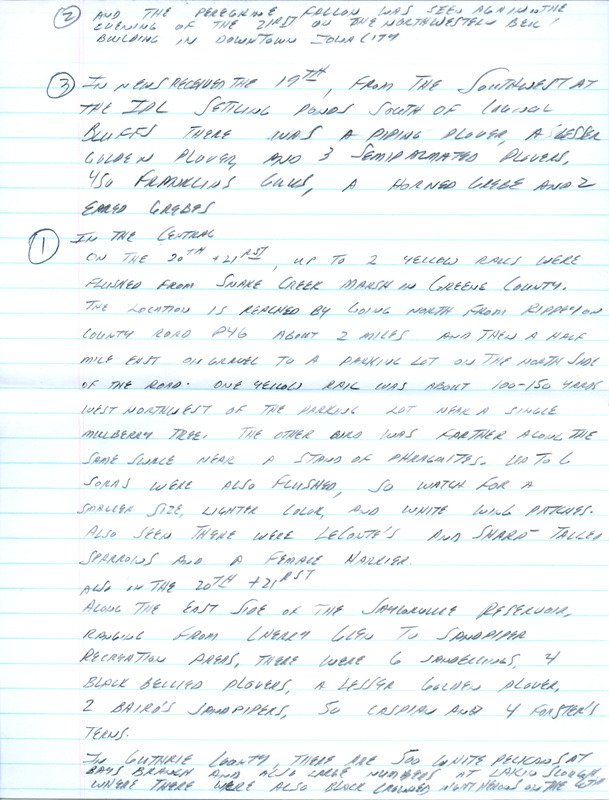 Email of Iowa Birdline updates for September 16-19, 1991. The highlights for the update include sightings of a male and female Peregrine Falcon, Black-throated Blue Warbler and a Stilt Sandpiper. Also included are handwritten notes with sightings of a Piping Plover and three Semipalmated Plovers.