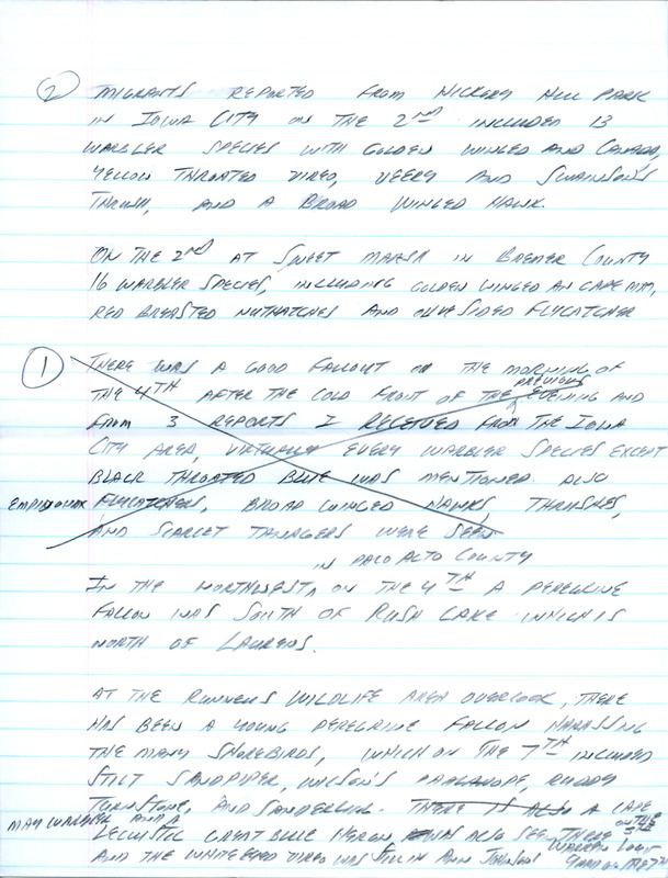 Email of Iowa Birdline updates for September 2, 1991. The highlights for the update include sightings of Western Grebes, a Piping Plover and Red-necked Phalaropes. Also included are handwritten notes with sightings of a Golden-winged Warbler, Yellow-throated Vireo and a Broad-winged Hawk.