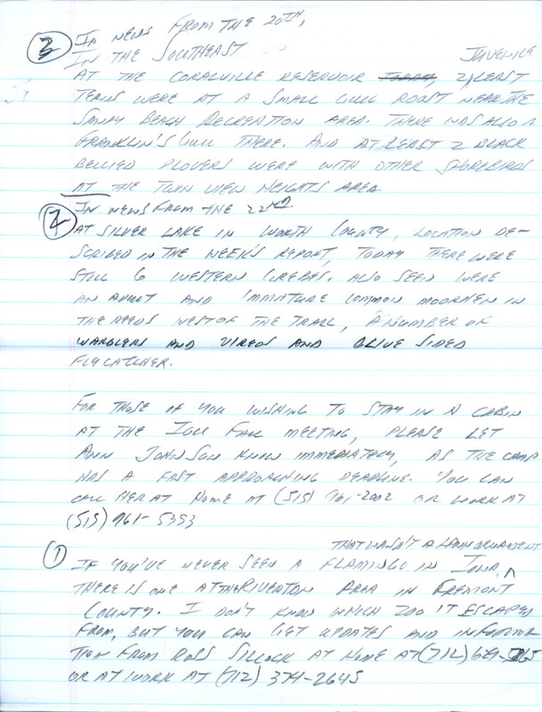 Email of Iowa Birdline updates for August 19, 1991. The highlights for the update include sightings of a Merlin, a family of Swainson's Hawks and many Black Terns. Also included are handwritten notes with sightings of an immature and adult Common Moorhen and two Black-bellied Plovers.