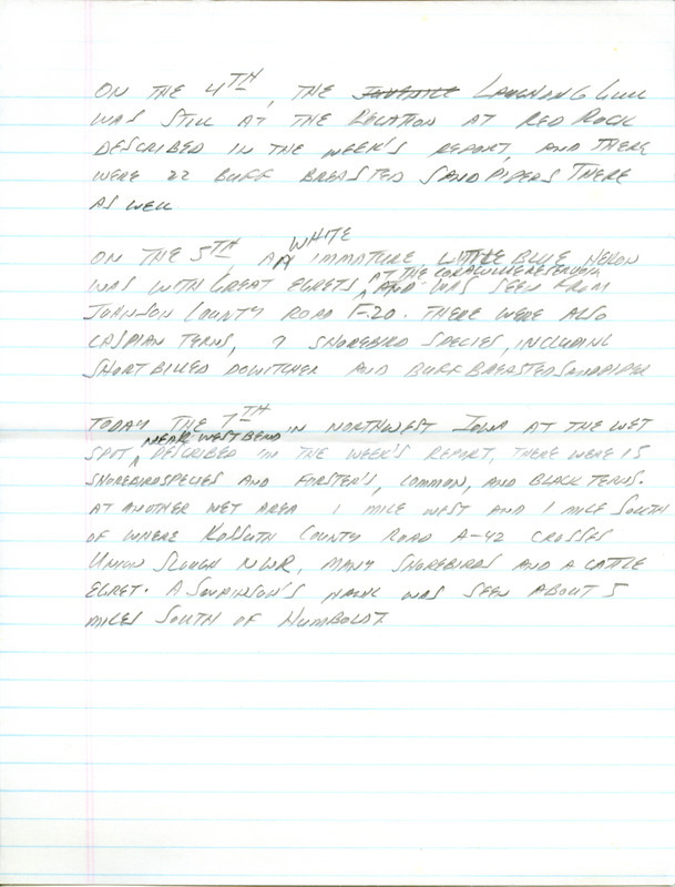 Email of Iowa Birdline updates for August 5, 1991. The highlights for the update include sightings of a Red Phalarope, a potential second state record, Buff-breasted Sandpipers seen in all parts of the state and a juvenile Laughing Gull. Also included are handwritten notes with sightings of an immature Little Blue Heron and seven shorebird species.