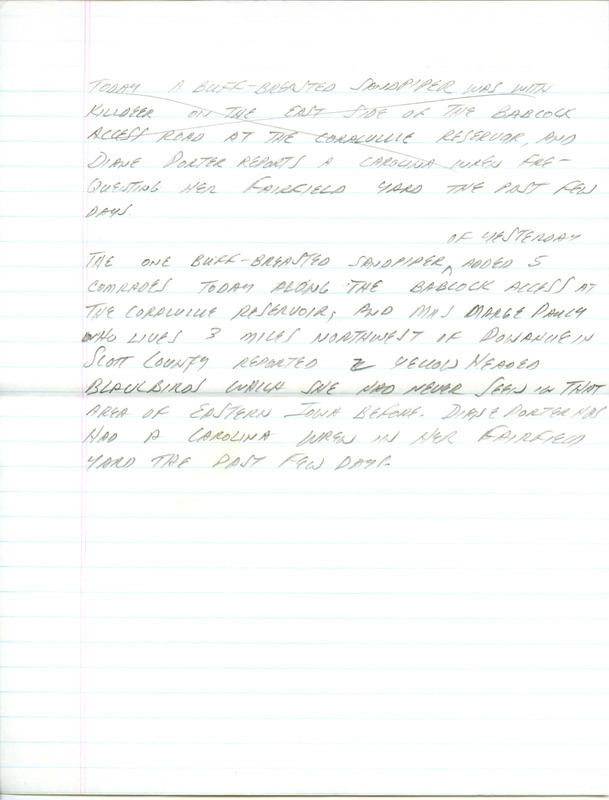 Email of Iowa Birdline updates for July 29, 1991. The highlights for the update include sightings of nine shorebird species, an early Ruddy Turnstone and a Summer Tanager. Also included are handwritten notes with sightings of two Yellow-headed Blackbirds and a Carolina Wren.