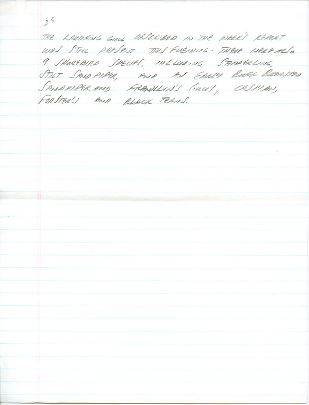 Email of Iowa Birdline updates for July 24, 1991. The highlights for the update include sightings of a juvenile Laughing Gull, several American White Pelicans and two adult Mississippi Kites. Also included are handwritten notes with sightings of nine Shorebird species and an early Buff-breasted Sandpiper.