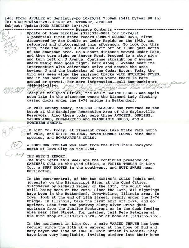 Email of Iowa Birdline updates for October 14, 1991. The highlights for the update include sightings of a potential first state record Common Ground-Dove, an adult and juvenile Sabine's Gull, and in the southeast part of the state two Mute Swans and six American White Pelicans.