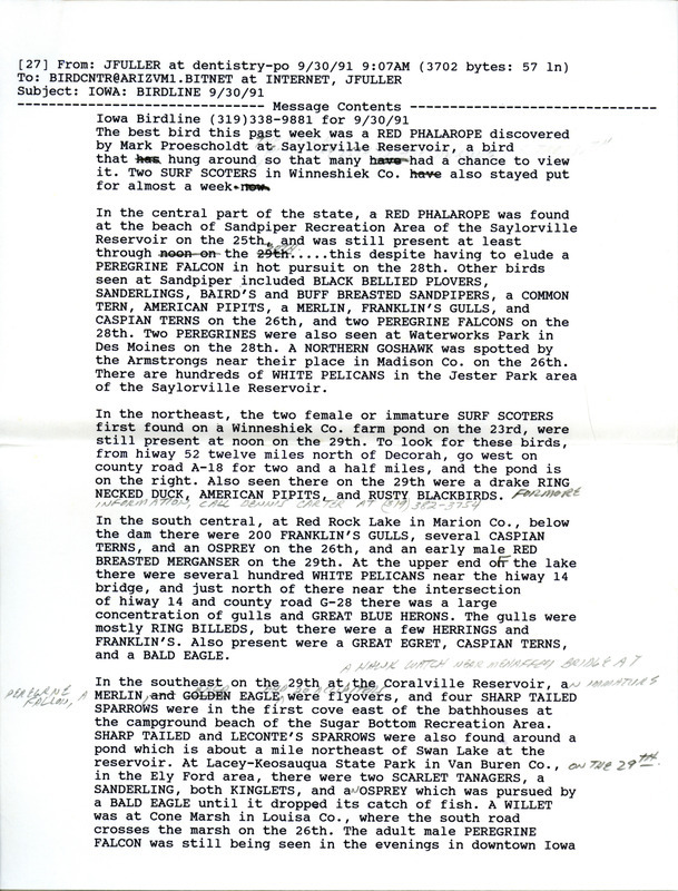 Email of Iowa Birdline updates for September 30, 1991. The highlights for the update include sightings of a Red Phalarope, two Surf Scoters, 200 Franklin's Gulls and an early male Red-breasted Merganser.