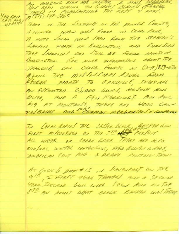 Email of Iowa Birdline updates for January 6, 1992. The highlights for the update include sightings of a Prairie Falcon, Snowy Owl and a female American Wigeon. Also included are handwritten notes with sightings of a Pine Warbler, Winter Wren and a Mute Swan.