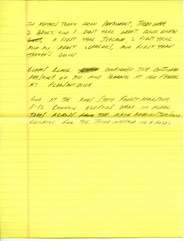 Email of Iowa Birdline updates for February 3, 1992. The highlights for the update include sightings of a Herring Gull, Ring-billed Gull, an adult Great Black-backed Gull and two adult Peregrine Falcons. Also included are handwritten notes with sightings of Common Redpolls and a Red-breasted Nuthatch at a feeder in Davenport.