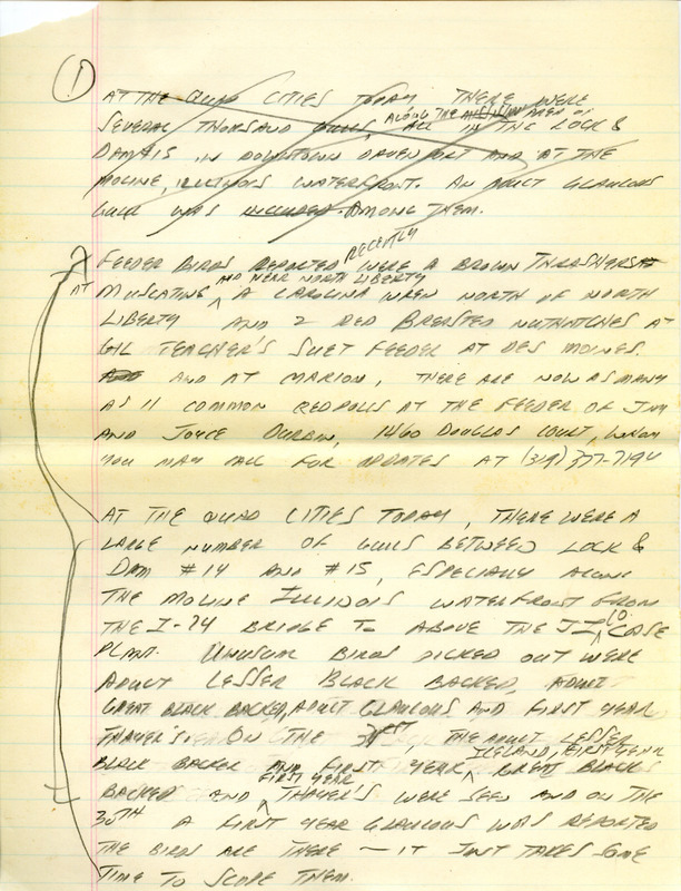 Email of Iowa Birdline updates for January 27, 1992. The highlights for the update include sightings of multiple Northern Saw-whet Owls, a male White-winged Crossbill and a Brown Thrasher. Also included are handwritten notes with sightings of eleven Common Redpolls, several Lapland Longspurs and three Short-eared Owls.