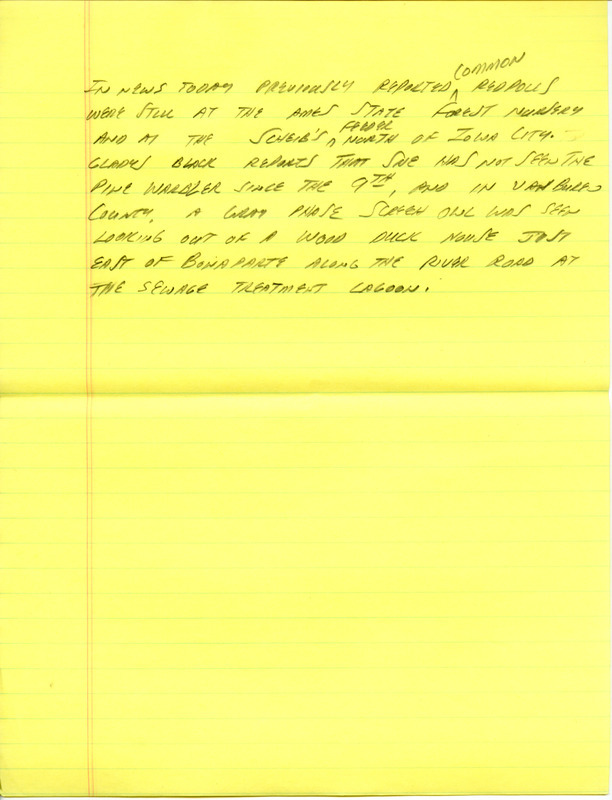 Email of Iowa Birdline updates for February 10, 1992. The highlights for the update include sightings of a Slaty-backed Gull, Snowy Owl and a Gyrfalcon. Also included are handwritten notes with sightings of a gray phase Eastern Screech Owl looking out of a wood duck house and two Tundra Swans near Runnells.