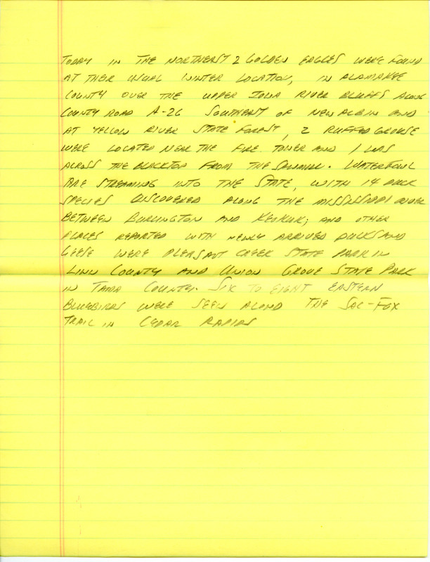 Email of Iowa Birdline updates for February 17, 1992. The highlights for the update include sightings of an adult Great Black-backed Gull, Iceland Gull and three Long-eared Owls. Also included are handwritten notes with sightings of two Golden Eagles, a Pied-billed Grebe and six to eight Eastern Bluebirds.