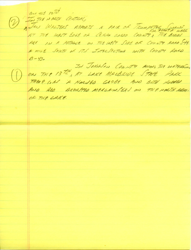 Email of Iowa Birdline updates for March 9, 1992. The highlights for the update include sightings of early migrants of a Turkey Vulture, Eastern Phoebe, Blue-winged Teal and Fox Sparrow. Also included are handwritten notes with sightings of a pair of Trumpeter Swans, four Horned Grebes and a Ross' Goose.