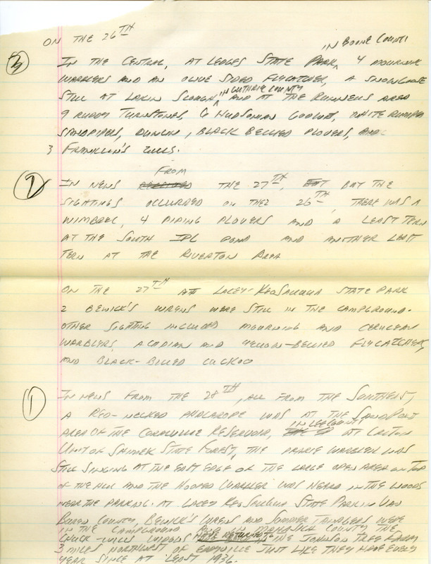 Email of Iowa Birdline updates for May 25, 1992. The highlights for the update include sightings of Sandhill Cranes, a Buff-breasted Sandpiper and an immature Bald Eagle. Also included are handwritten notes with sightings of a Red-necked Phalarope, Least Tern and nine Ruddy Turnstones.