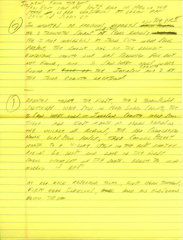 Email of Iowa Birdline updates for December 28, 1992. The highlights for the update include sightings of a Snowy Owl, Townsend's Solitaire and four Yellow-rumped Warblers. Also included are handwritten notes with sightings of two Northern Saw-whet Owls, two Trumpeter Swans and a White-winged Crossbill.