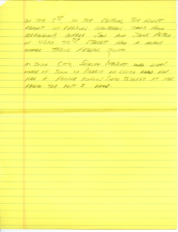 Email of Iowa Birdline updates for November 30, 1992. The highlights for the update include sightings of two Short-eared Owls and two Long-eared Owls, a very late Common Yellowthroat and a late American Golden-Plover. Also included are handwritten notes with sightings of a Northern Goshawk that returned to the northside Marion neighborhood for the seventh straight day and two first year Thayer's Gulls below the Red Rock Dam.