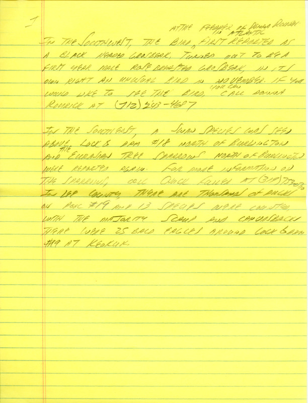 Email of Iowa Birdline updates for November 23, 1992. The highlights for the update include sightings of a Black Scoter, a flock of Red Crossbills and an exotic pair of Ringed Turtle-Doves, Also included are handwritten notes with sightings of 25 Bald Eagles at Lock Number 19 at Keokuk and a Ross' Goose among the waterfowl at Bay Branch.