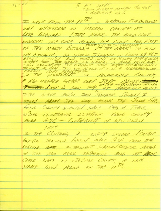 Email of Iowa Birdline updates for November 9, 1992. The highlights for the update include sightings of Bald Eagles and Common Loons, and waterfowl returning to the state on their way south. Also included are handwritten notes with sightings of eight species of Shore-birds at Rathbun Lake and a Ross' Goose that has been in with the same Mallards for a month at Morrison Park.