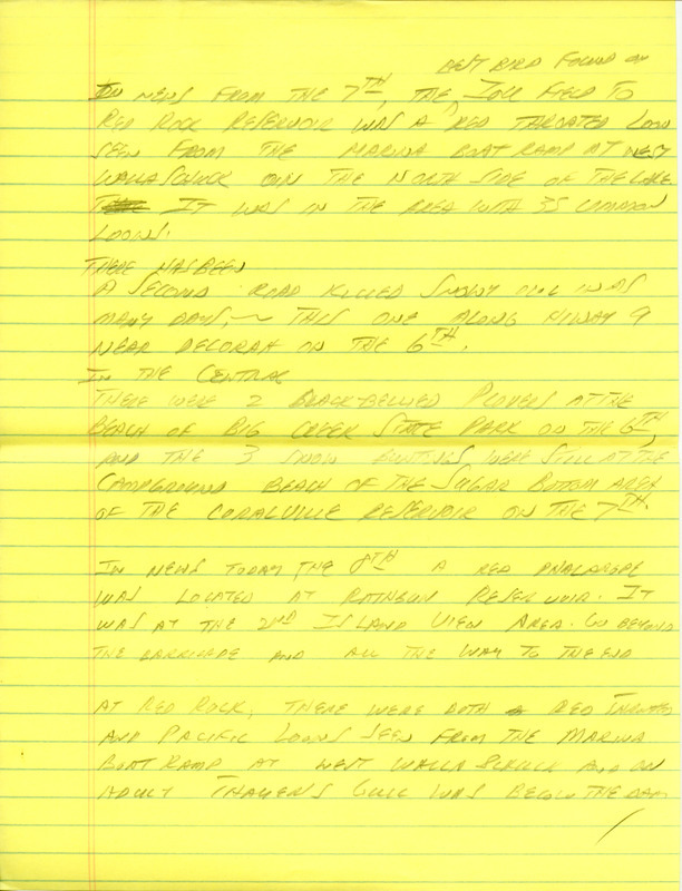 Email of Iowa Birdline updates for November 2, 1992. The highlights for the update include sightings of an abundance of Cedar Waxwings and lingering American Robins, and the season's first reports of a Common Redpoll and Snow Bunting. Also included are handwritten notes with sightings of huge flocks of Lapland Longspurs in addition to the diving Ducks and Loons that are moving into the state.