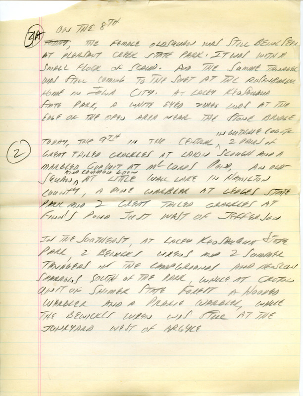 Email for the Iowa Birdline update for May 4, 1992. The highlights for the update include sightings of Sandhill Cranes and Piping Plovers at two locations, Little Blue Herons and a record late Long-tailed Duck. Also included are handwritten notes for the next week's update with sightings of a Summer Tanager at a suet feeder and 17 Warbler species at Shimek State Forest--Croton Unit.