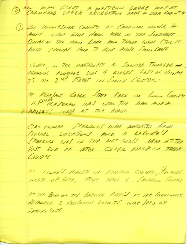 Email for the Iowa Birdline update for April 27, 1992. Highlights of the update include sightings of Black Rails, a Eurasian Wigeon, Cinnamon Teal and Chestnut-collared Longspurs. Also included are handwritten notes for the next week's update with sightings of Clay-colored Sparrows in several locations and a Rose-breasted Grosbeak that was back in Iowa City.