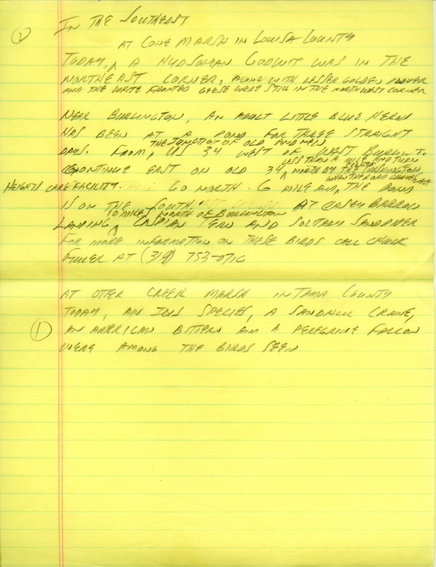 Email for the Iowa Birdline update for April 13, 1992. Highlights of the update include sightings of thousands of American White Pelicans in the state on about every body of water and Barn Owls nesting at the same location in Taylor County for the fourth consecutive year. Also included are handwritten notes for the next week's update with sightings of a Little Blue Heron near Burlington that has been at the same pond for three straight days and 12 Red-breasted Mergansers at Cedar Lake in Cedar Rapids.