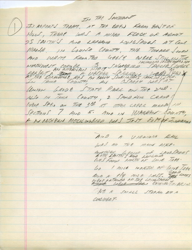 Email for the Iowa Birdline update for March 30, 1992. Highlights of the update include sightings of an American Black Vulture near Dubuque, Cinnamon Teal at two locations and a flock of about 100 Smith's Longspurs in Johnson County. Also included are handwritten notes for the next week's update with sightings containing an unconfirmed report from the DNR through James J. Dinsmore of four Brown Pelicans at Rathburn Reservoir in Appanoose County.