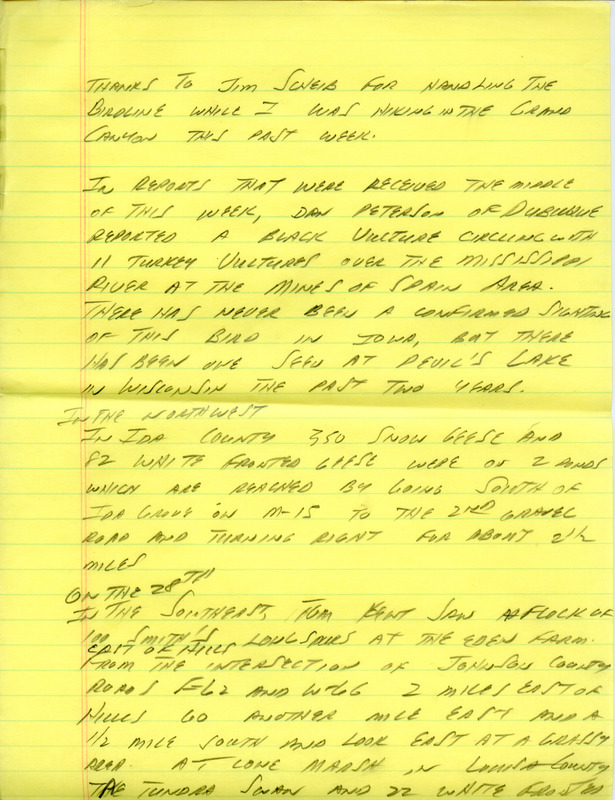 Iowa Birdline updates for March 24, 1992. The highlights for the update include sightings of 16 duck species with large numbers of American Wigeons, Canvasbacks, Redheads and Northern Pintails. Also included are handwritten notes for next week's update with sightings of 350 Snow Geese and 82 White-Fronted Geese near Ida Grove and an early Lesser Yellowlegs at Coralville Reservoir.