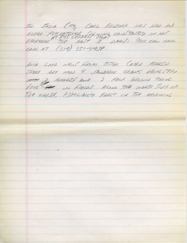 Email for the Iowa Birdline update for June 1, 1992. Highlights of the update include sightings of Sandhill Cranes, a Prairie Warbler and Least Tern. Also included are handwritten notes for the next week's update with sightings of an Alder Flycatcher for three days in a row in Iowa City, and Black-bellied Plovers and White-rumped Sandpipers at the Riverton Area.