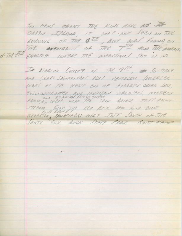 Email for the Iowa Birdline update for July 6, 1992. Highlights of the update include sightings of a King Rail, four adult and five young Common Moorhens and ten species of Warblers. Also included are handwritten notes for the next week's update with sightings of a Solitary Sandpiper and a Least Sandpiper along with a Kentucky Warbler at the north end of Robert's Creek Park.