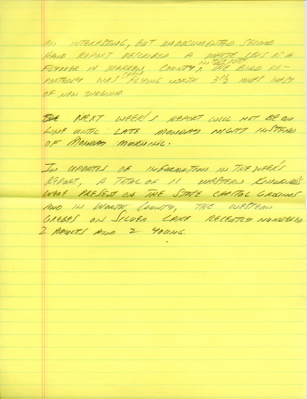 Email for the Iowa Birdline update for July 13, 1992. Highlights of the update include sightings of a family of Western Kingbirds in Des Moines and a Swainson's Hawk nest with young in it east of Mason City. Also included are handwritten notes for the next week's update with sightings of two adult and two young Western Grebes on Silver Lake in Worth County.