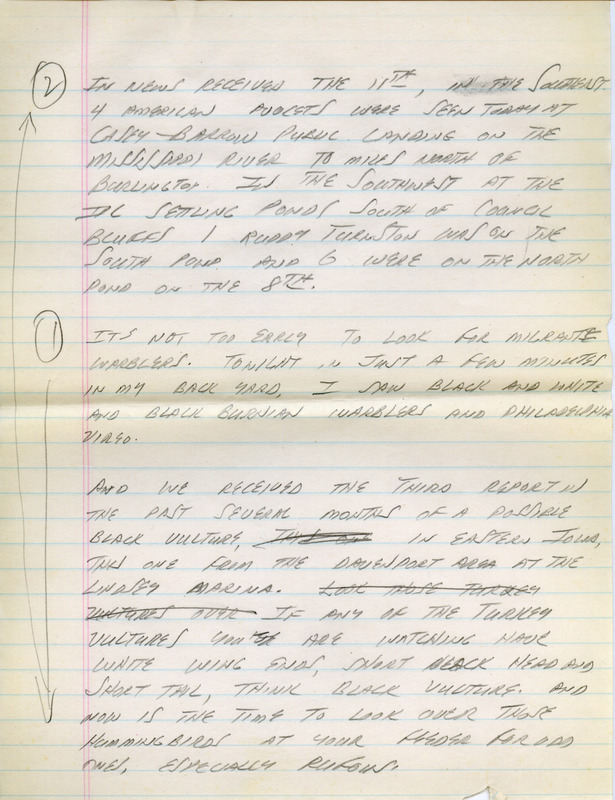 Email for the Iowa Birdline update for August 10, 1992. Highlights of the update include sightings of the continued presence of the juvenile Laughing Gull and two Western Grebes. Also included are handwritten notes for the next week's update with sightings of a possible Black Vulture and a confirmed sighting of a Ruddy Turnstone.