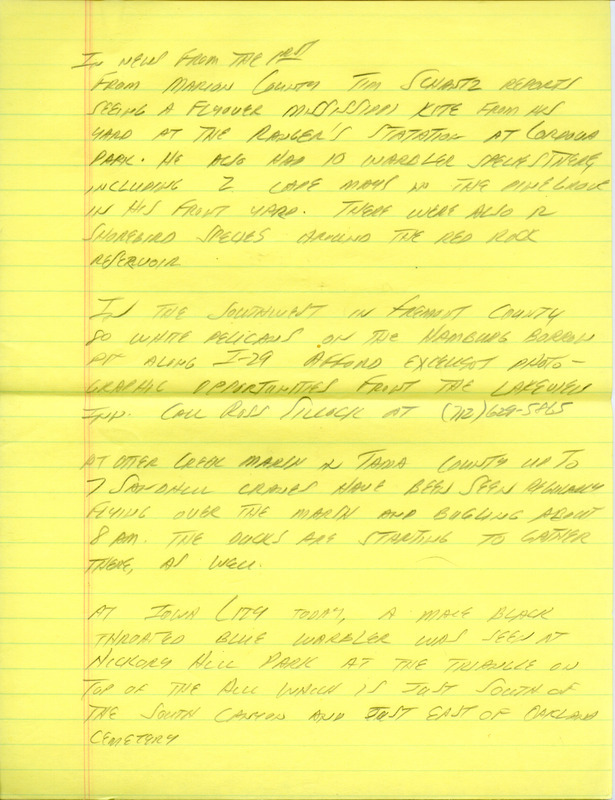 Email for the Iowa Birdline update for August 31, 1992. Highlights of the update include sightings of twenty American Golden-Plovers and an early Broad-winged Hawk. Also included are handwritten notes for the next week's update with sightings of a flyover Mississippi Kite at Cordova Park and a male Black-throated Blue Warbler at Hickory Hill Park.