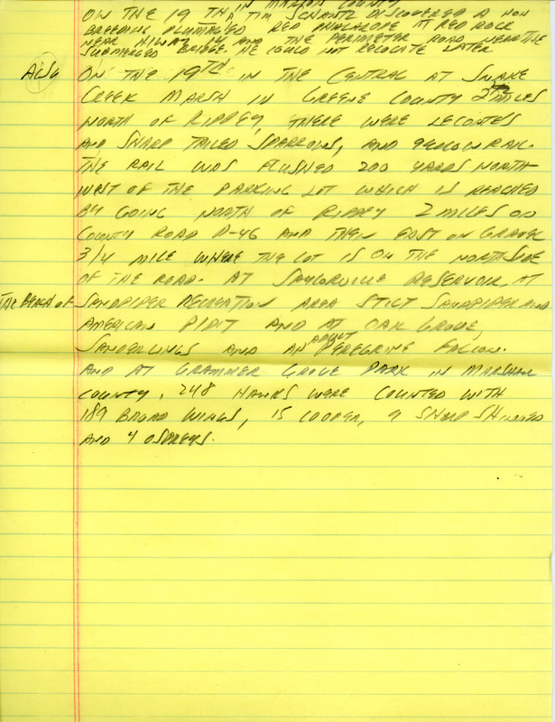 Email for the Iowa Birdline update for September 14, 1992. Highlights of the update include sightings from the fall IOU meeting, a Black-throated Blue Warbler, Cape May Warbler, American White Pelicans and a good number of raptors, especially Ospreys and Accipiters. Also included are handwritten notes for the next week's update with sightings of a Le Conte's Sparrow, Nelson's Sharp-tailed Sparrow and a Yellow Rail.