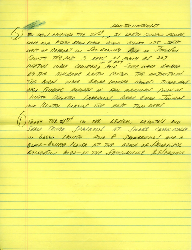 Email for the Iowa Birdline update for September 21, 1992. Highlights of the update include sightings of a Red Phalarope, Yellow Rail and a road-killed Burrowing Owl. Also included are handwritten notes for the next week's update with sightings of as many as 227 raptors counted over a five-day period in Johnson County. The majority of the raptors consisted of Broad-winged Hawks.