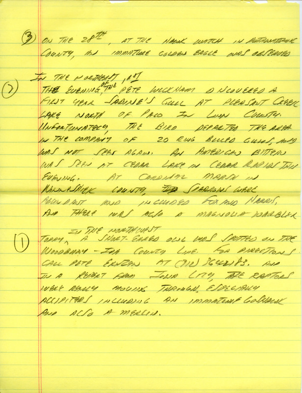 Email for the Iowa Birdline update for September 28, 1992. Highlights of the update include sightings of the continued presence of a Yellow Rail and two immature Red Crossbills. Also included are handwritten notes for the next week's update with sightings of a Short-eared Owl and an immature Golden Eagle.