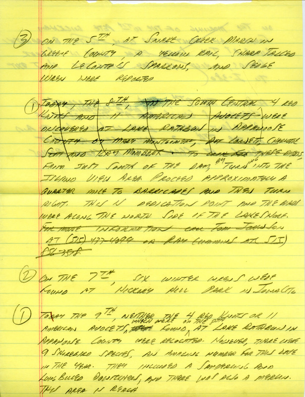 Email for the Iowa Birdline update for October 5, 1992. Highlights of the update include sightings of a first year Sabine's Gull and a late Magnolia Warbler. Also included are handwritten notes for the next week's update with sightings of nine shorebird species, such as a Sanderling, Long-billed Dowitcher and a Merlin.