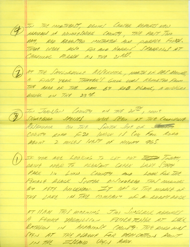 Email for the Iowa Birdline update for October 17-20, 1992. Highlights of the update include sightings of a Lewis's Woodpecker, Pine Siskins, Winter Wrens and two Clay-colored Sparrows. . Also included are handwritten notes for the next week's update with sightings of a female Vermilion Flycatcher and a first year Thayer's Gull.