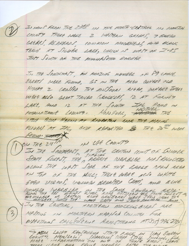 Email for the Iowa Birdline update for June 21, 1993. Highlights of the update include sightings of Upland Sandpipers and Swainson's Hawks. Also included are handwritten notes for the next week's update with sightings of Northern Mockingbirds nesting in Madison County and two Peregrine Falcons tending to three young.