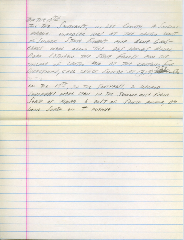 Email for the Iowa Birdline update for June 13, 1993. Highlights of the update include sightings of a Kentucky Warbler, Broad-winged Hawk, and a nesting Blue-gray Gnatcatcher. Also included are handwritten notes for the next week's update with sightings of a singing Prairie Warbler and several Blue Grosbeaks.