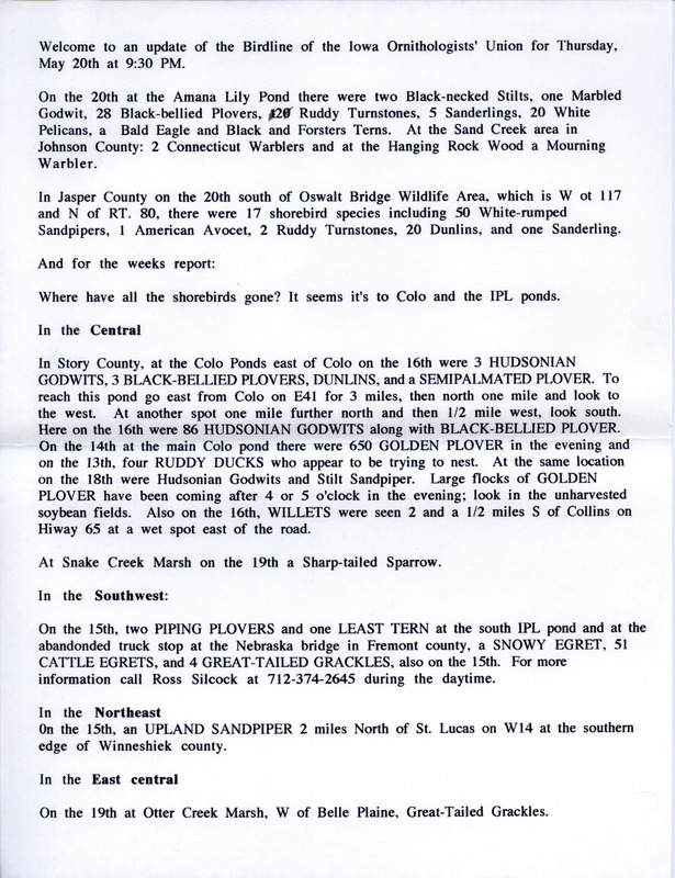 Iowa Birdline updates for May 20-June 7, 1993. The highlights for the seven updates include sightings of groups of Stilts, Plovers, Sandpipers, Pelicans, Hawks and Eagles, Gulls and Terns, Warblers, Tanagers and Bitterns.