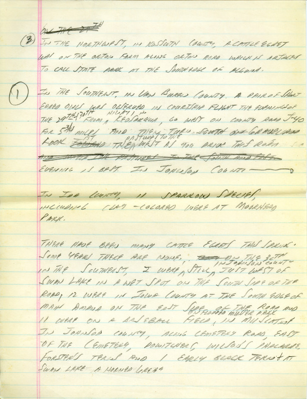 Email for the Iowa Birdline update for April 26, 1993. Highlights of the update include sightings of the continued presence of a Rock Wren, eight White-faced Ibis, a Scissor-tailed Flycatcher and an immature Little Blue Heron. Also included are handwritten notes for the next week's update with sightings of a pair of Short-eared Owls and eleven sparrow species.