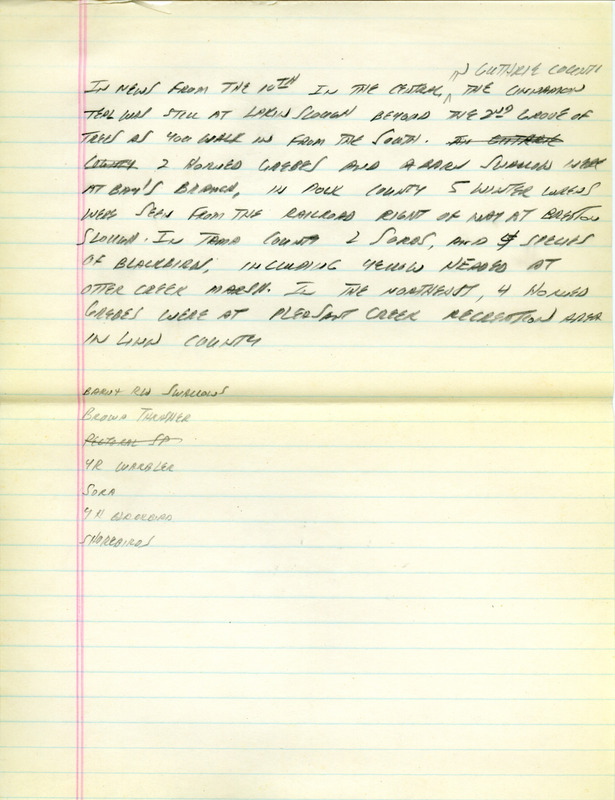 Email for the Iowa Birdline update for April 5, 1993. Highlights of the update include sightings of the continued presence of a Black-throated Sparrow and Townsend's Solitaire, plus a Prairie Falcon. Also included are handwritten notes for the next week's update with sightings of several Tundra Swans and three Great Egrets.