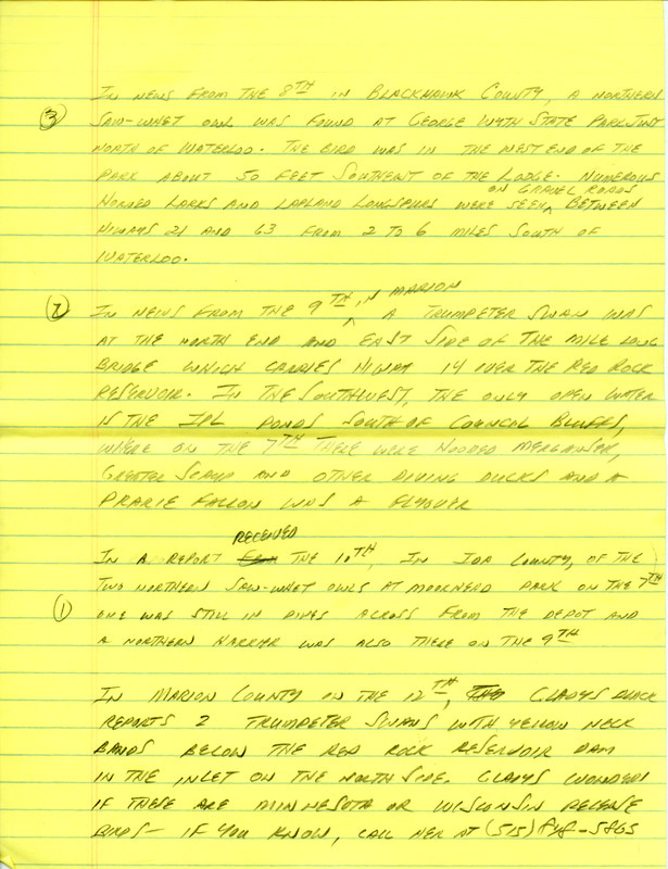 Email for the Iowa Birdline update for March 8, 1993. Highlights of the update include sightings of a Long-tailed Duck and the continued presence of two Townsend's Solitaires. Also included are handwritten notes for the next week's update with sightings of Northern Saw-whet Owl and numerous Horned Larks and Lapland Longspurs.