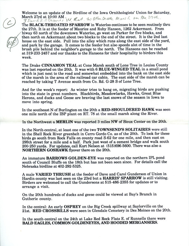 Summary of Iowa Birdline updates for March 27, 1993. The highlights for the update include sightings of the continued presence of a Black-throated Sparrow in Waterloo, a Cinnamon Teal with six Blue-winged Teal at Cone March, and a Red-shouldered Hawk near Burlington.