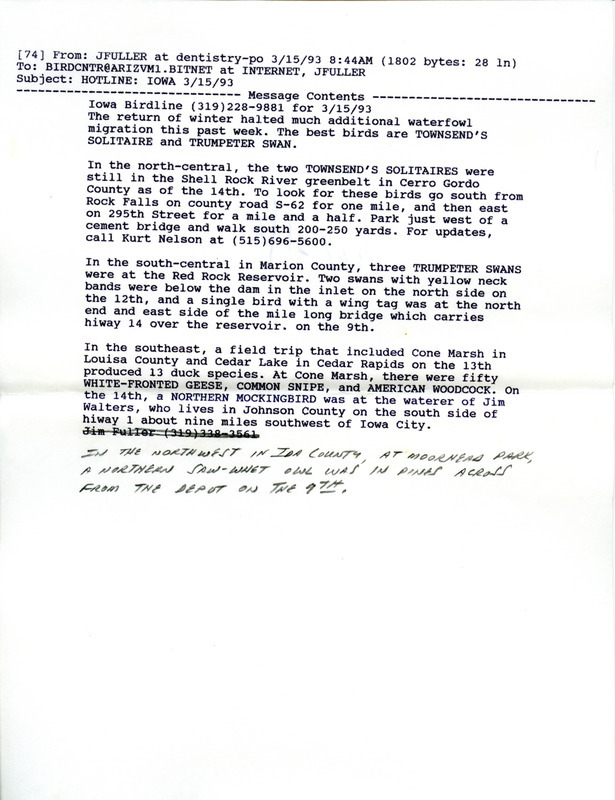 Email for the Iowa Birdline update for March 15, 1993. Highlights of the update include sightings of the continued presence of two Townsend's Solitaires and three Trumpeter Swans.