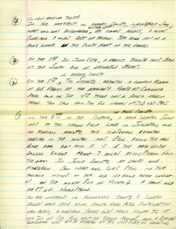 Email for the Iowa Birdline update for March 1, 1993. Highlights of the update include sightings of the continued presence of two Townsend's Solitaires, a Great Black-backed Gull and three Short-eared Owls. Also included are handwritten notes for the next week's update with sightings of a Common Redpoll and a male Greater Scaup.