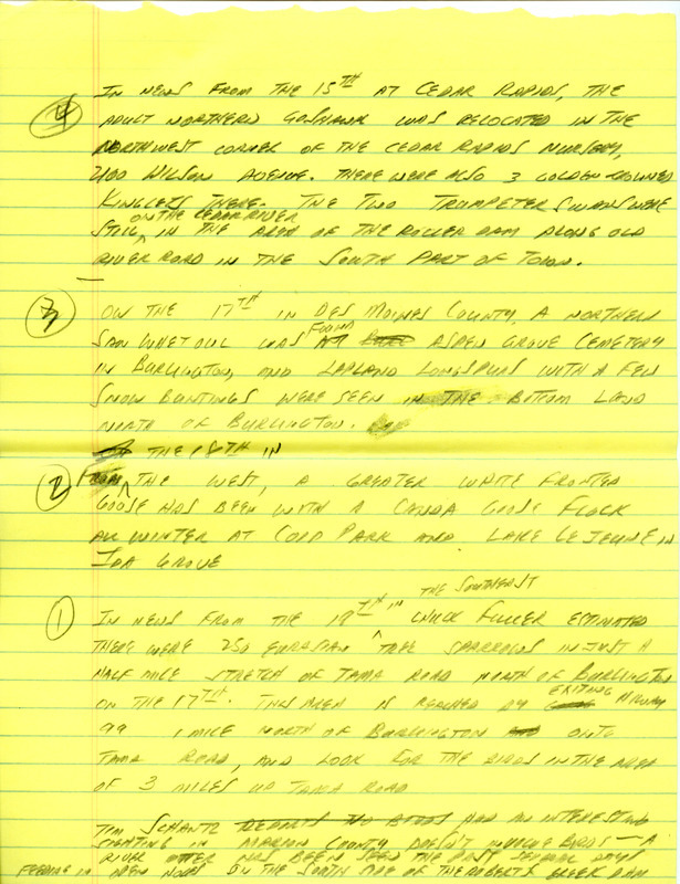 Email for the Iowa Birdline update for February 15, 1993. Highlights of the update include sightings of two Chinese Thrushes, an interesting exotic seen daily in an Ottumwa backyard for several months. Also included are handwritten notes for the next week's update with sightings of three Golden-crowned Kinglets and two Trumpeter Swans.