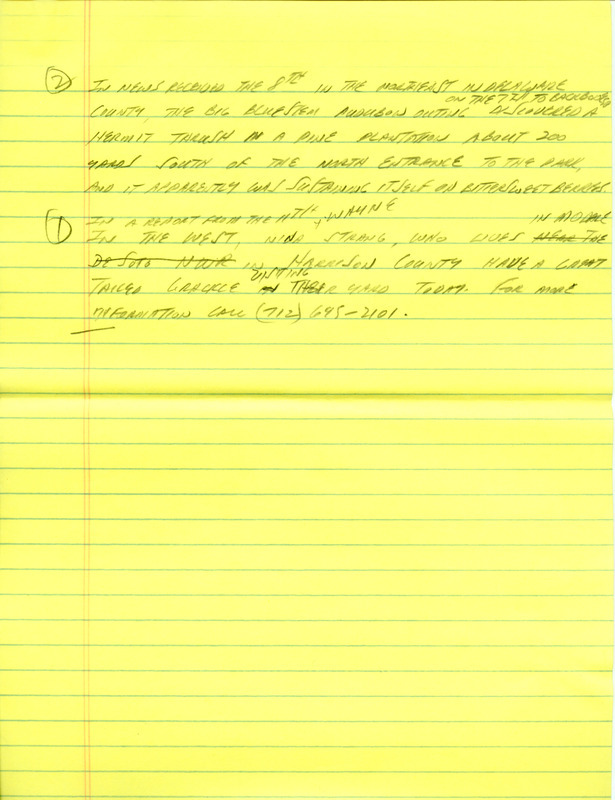 Email for the Iowa Birdline update for February 8, 1993. Highlights of the update include sightings of Golden Eagles, a Prairie Falcon, two Townsend's Solitaire and an Iceland Gull. Also included are handwritten notes for the next week's update with sightings of a Hermit Thrush in a pine plantation that was sustaining itself on bittersweet berries.